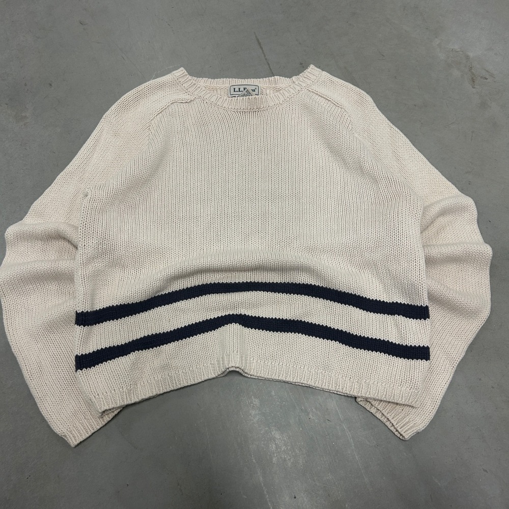LL Bean Mens Cream Navy Blue Striped Cotton Knit Crewneck Sweater Raglan Sleeve